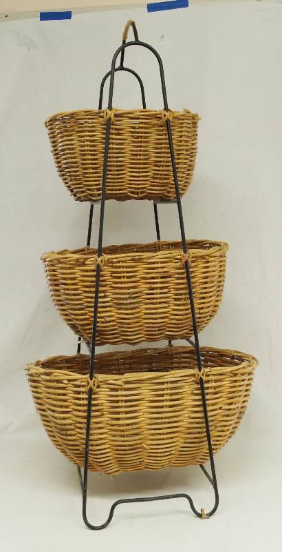 lot 6070 image: Free Standing Black Metal Stand 3-Tier with 3 Wicker Baskets - Super COOL - 43 TALL