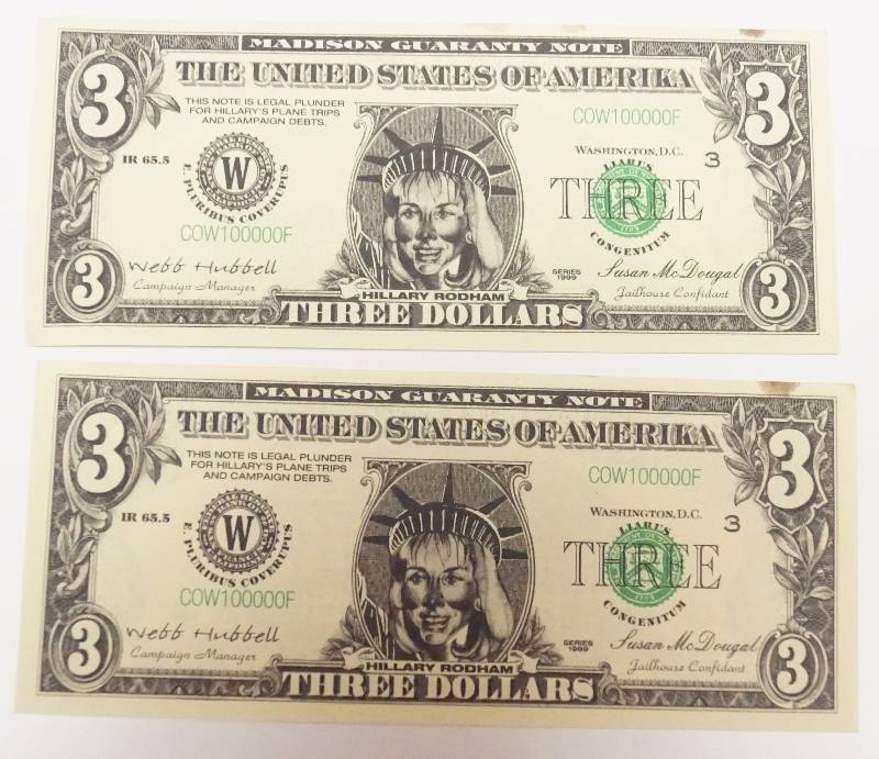 lot 1112 image: Funny Money - Hillary Clinton Hillary Rodham $3 Bill