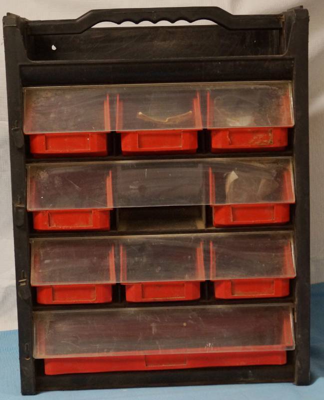 lot 5810 image: Hardware Organizer - Full of Good Stuff See pics - w carry Handle Handy