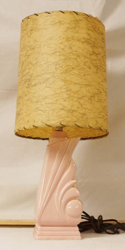 lot 5813 image: Vintage Pink Lamp w Cool Shade - VERY ART DECO STYLE - WORKS