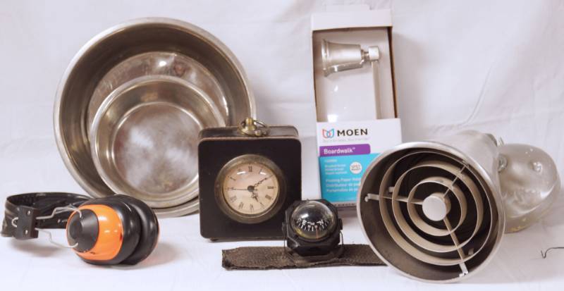 lot 5830 image: Lot of Misc. Items - Clock, Headphones, 2 Stainless Steel Dishes, and More
