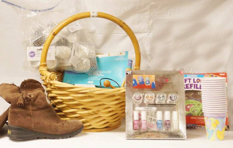 lot 5792 image: Lot of Misc Items - LEATHER - Ralph Lauren Suede Boots sz. 7.5, Basket, Nail Art, and More