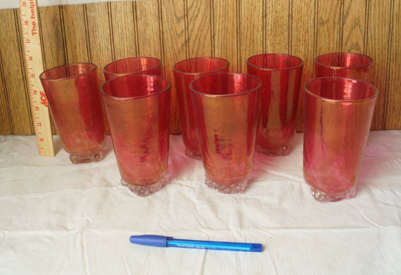 lot 1058 image: Pink Crackle Glass w Clear Swirl Bases - 8 Piece Glasses Set - Very Unique and Pretty