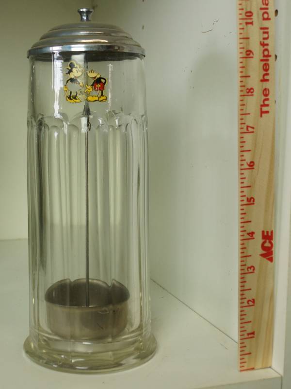 lot 1133 image: Glass Straw Holder  Container with Lid - Mickey Mouse