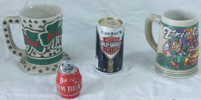 lot 1423 image: 2 Ceramic Beer Mugs, Harley Davidson Can, and Vintage Jim Beam Barrel Lighter
