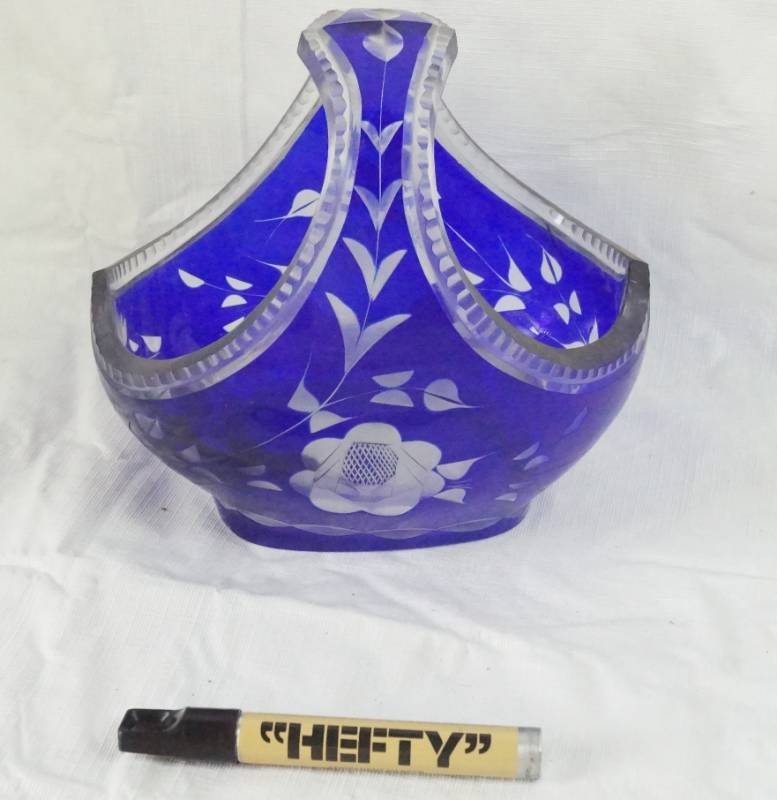 lot 1441 image: Stunning Cobalt Blue Cut Glass Basket Bowl - Rare Find