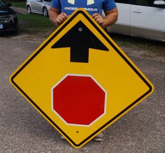 lot 5955 image: Large Metal Stop Ahead Stop Sign - A Real Sign