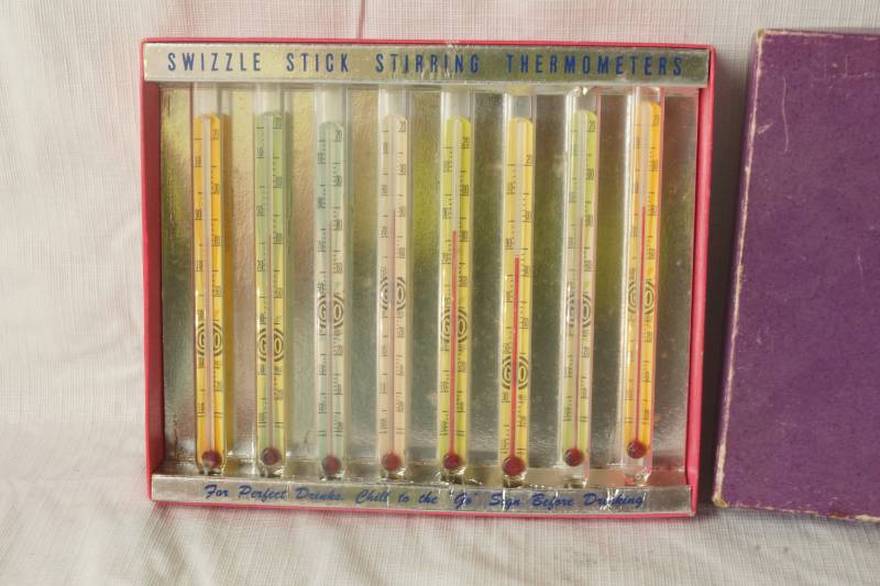lot 1037 image: Vintage Swizzle Stick Stirring Thermometers - Rare Find - IN ORIGINAL BOX