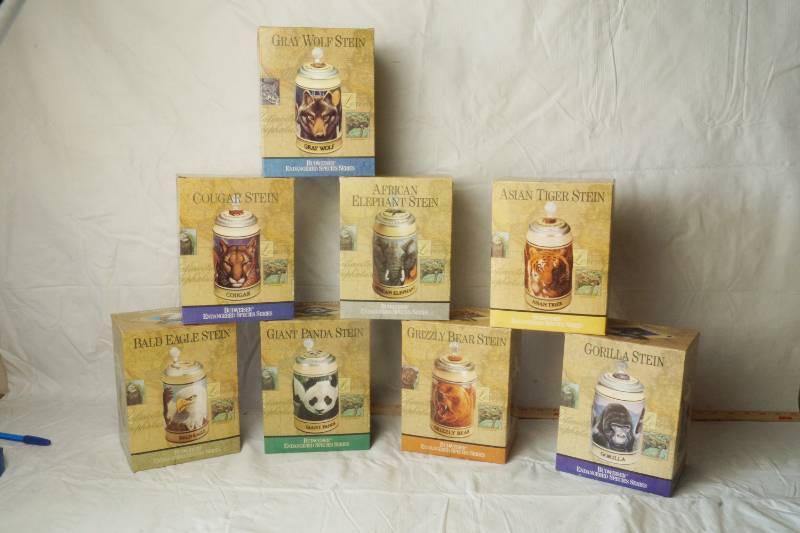 lot 1042 image: Lot of 8 BUDWEISER Ceremarte BEER STEINS - Endangered Species Seriesall NIB