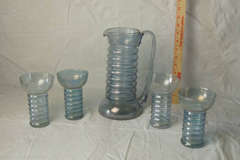 lot 1043 image: Vintage Glass IRIDESCENT - Pitcher and Glass Set - Unique Design - Beautiful Blue