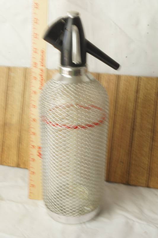 lot 1105 image: Vintage Wire Metal Mesh Glass Large Cocktail Bar Seltzer Water Dispenser Bottle