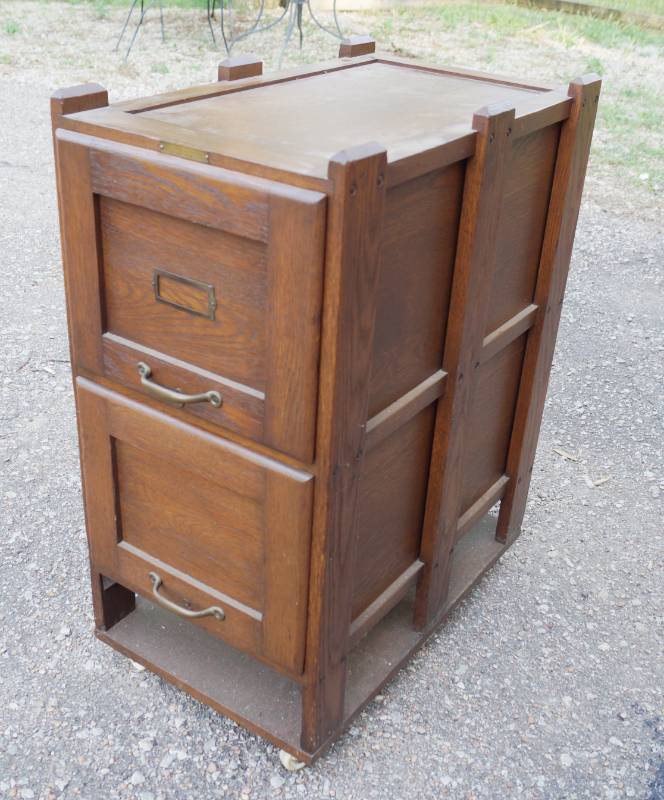 lot 1030 image: Super Nice VINTAGE Wooden File Cabinet - Goldsmiths - Wichita, Kansas - 2 Drawer - On Wheels
