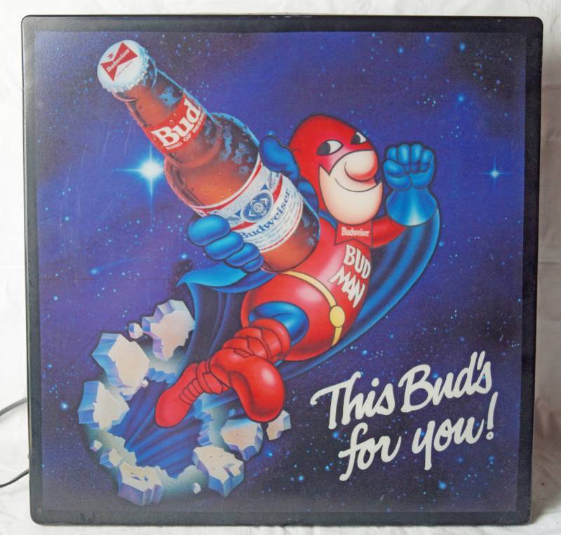 lot 1369 image: Budweiser Bud Man Light Up Sign - THIS BUDS FOR YOU