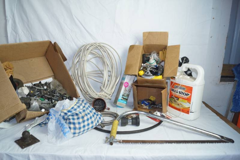 lot 1636 image: Lot of Misc.Garage - Hack Saw w Blade, Ball hitch, conduit, and More See Photos