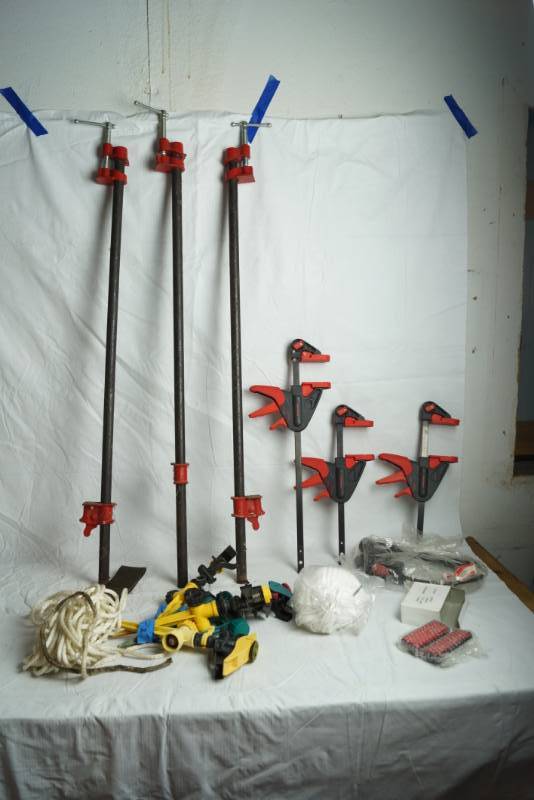 lot 1635 image: Lot of Misc. Items - Bar Clamps, Sprinklers, Masks and More