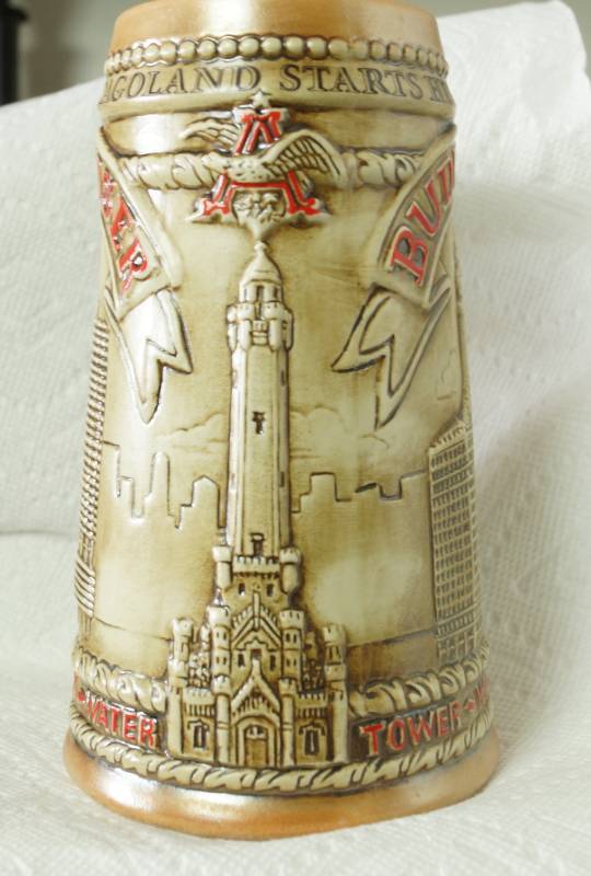 lot 5987 image: Anheuser-Busch Ceramarte Hand Crafted Beer Stein - Numbered 06509 -CHICAGO - Marina City, Water Tower, Wrigley Bldg. -WOW