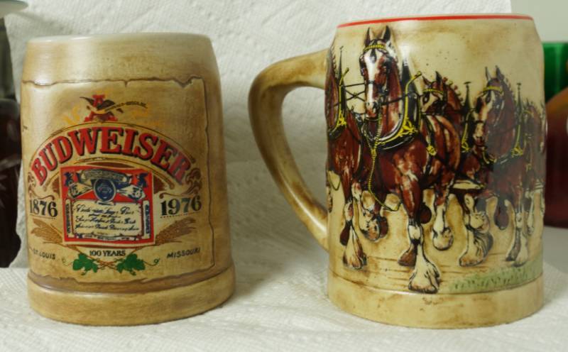 lot 5990 image: Lot of 2 Anheuser-Busch Budweiser Beer Mug Steins - CLYDESDALES 100 Years