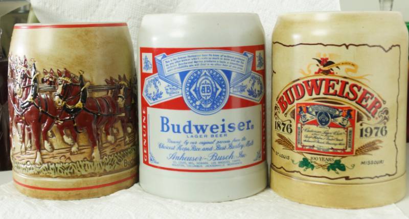 lot 5992 image: Lot of 3 Anheuser-Busch Budweiser Beer Mug Steins - CLYDESDALES 100 Years