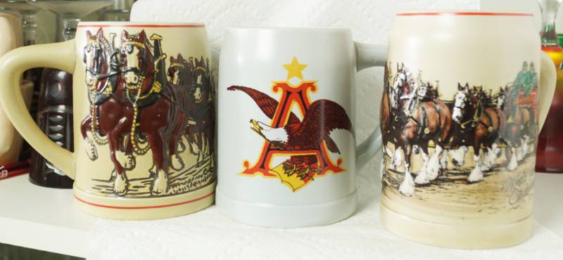 lot 5996 image: Lot of 3 Anheuser-Busch Budweiser Beer Mug Steins - Looks like Ceramarte - CLYDESDALES