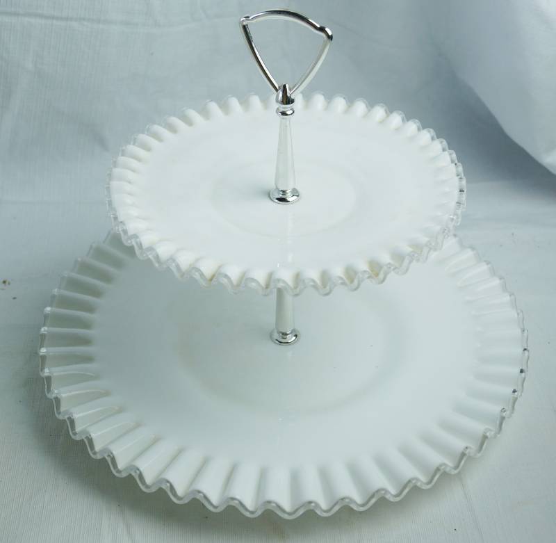 lot 1259 image: Fenton Dual Tier Decorative Serving Plate - Milk Glass GORGEOUS w Clear Glass edges