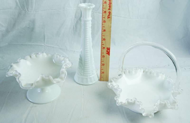 lot 1265 image: Beautiful Fluted Edge Fenton Pedestal Dish and Glass Basket - Milk Glass with Clear Edges - Very nice find