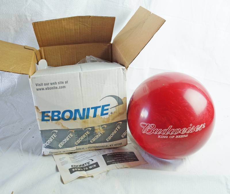 lot 1266 image: Budweiser BOWLING BALL - UN-DRILLED, EBONITE New w original box and papers 13lb 04oz
