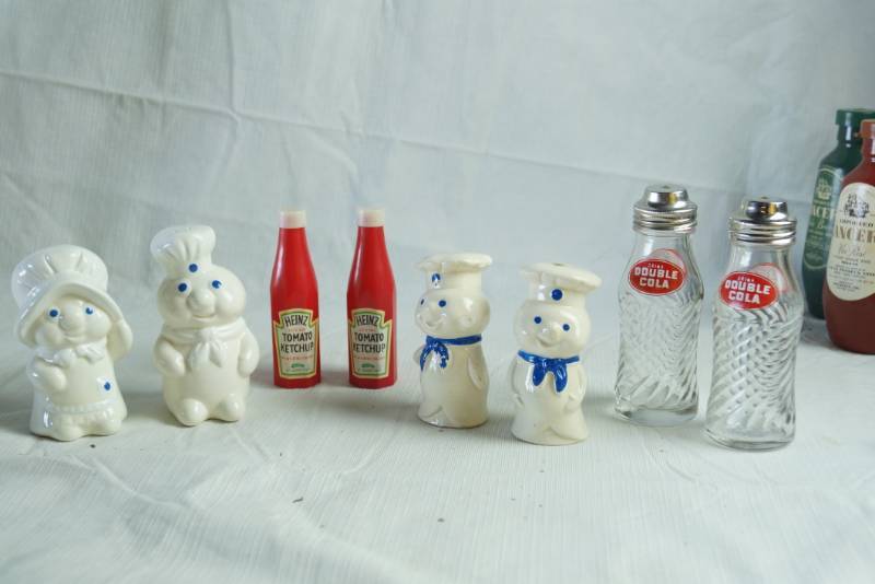 lot 1284 image: Lot of 4 Sets of Vintage Salt & Pepper Shakers - Pillsbury Dough BoyGirl, Heinz Ketchup and Double Cola - NEAT