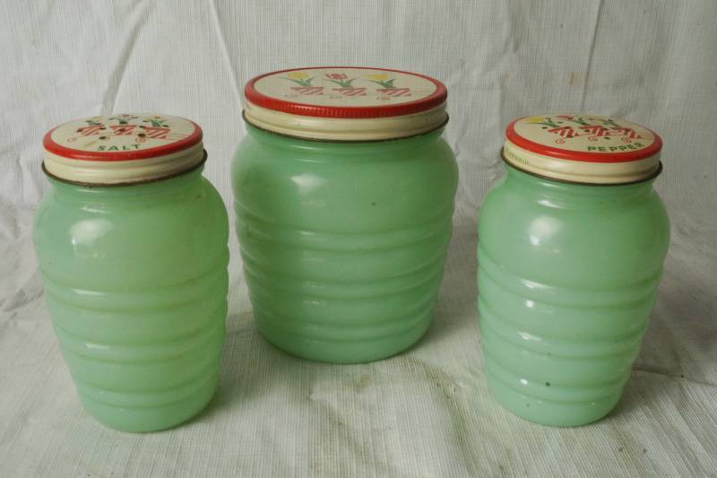 lot 1323 image: Rare Fire King JADE-ITE Salt and Pepper Shakers and Table Sugar Bowl - TULIP DESIGN - ANCHOR - HTF