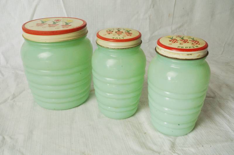 lot 1324 image: Rare Fire King JADE-ITE Salt and Pepper Shakers and Table Sugar Bowl - TULIP DESIGN - ANCHOR - HTF