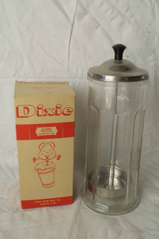 lot 1342 image: New Box of Vintage Dixie Straws and a Vintage Straw Dispenser
