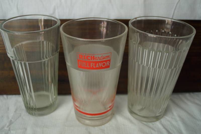 lot 1356 image: Lot of 3 Cool Vintage Soda Fountain Glasses - 1- RICHardson FULL FLAVOR ROOT BEER, 2-Glass Designs