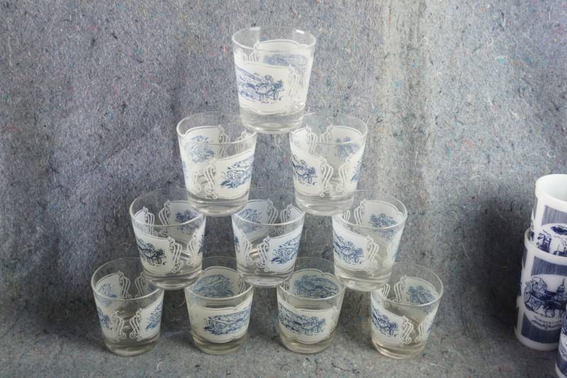 lot 1205 image: Currier and Ives Tall Clear Short Tumbler Glasses Blue by ROYAL (USA) - 10 Glasses