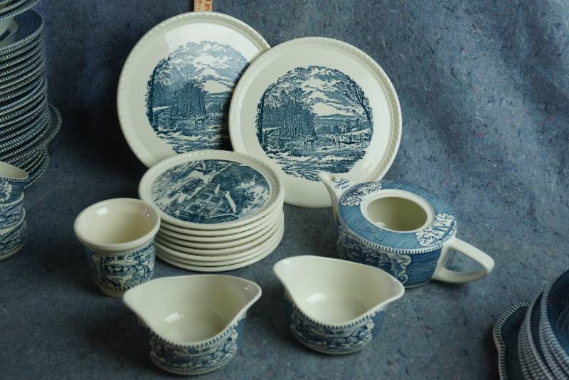 lot 1209 image: Currier and Ives Dishes Blue by ROYAL (USA) -  Dinner Plates, Side Plates, Unique Serving Dishes and More