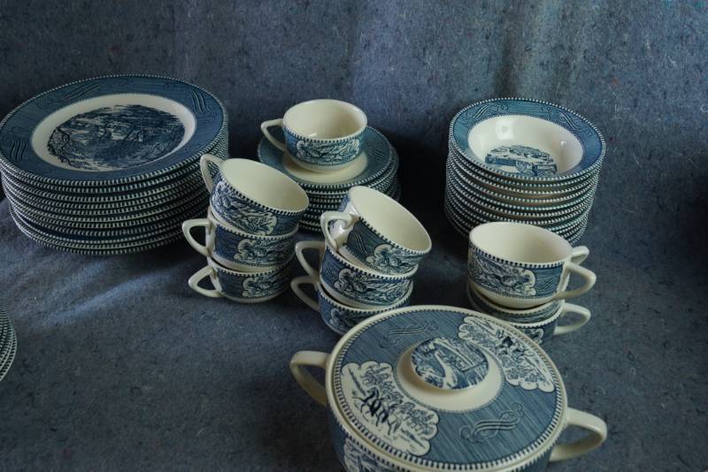 lot 1210 image: Currier and Ives Dishes Blue by ROYAL (USA) -  Tea Cups, Lidded, Unique Serving Dishes and Plates
