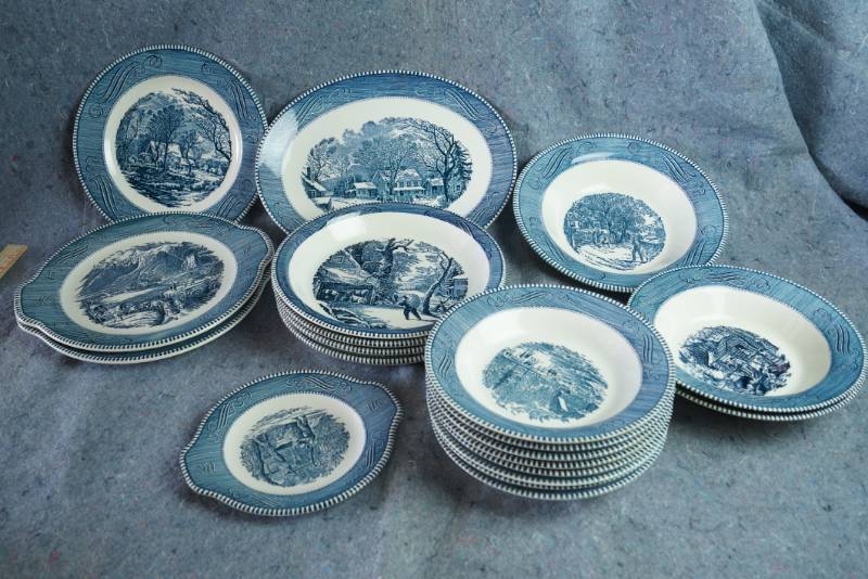 lot 1212 image: Currier and Ives Table Dishes Blue by ROYAL (USA) - Dinner and Side Plates and Bowls