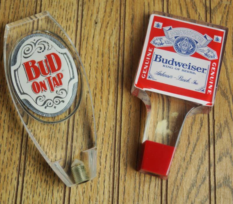 lot 1661 image: Lot of 2 BUD ON TAP & BUDWEISER Beer Keg Tap Handles - VERY NICE RETRO