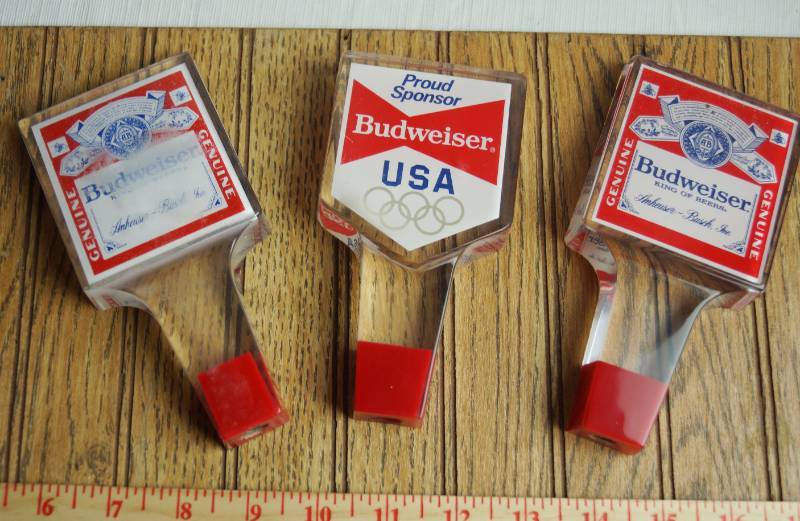 lot 1662 image: Lot of 3 BUDWEISER Beer Keg Tap Handles - VERY NICE one is OLYMPIC SPONSOR