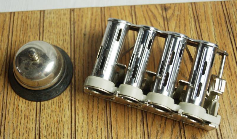 lot 1663 image: Retro Car Hop Restaurant Items - Order-Up Bell and Car-Hop 4 Barrel Change Holder COOL