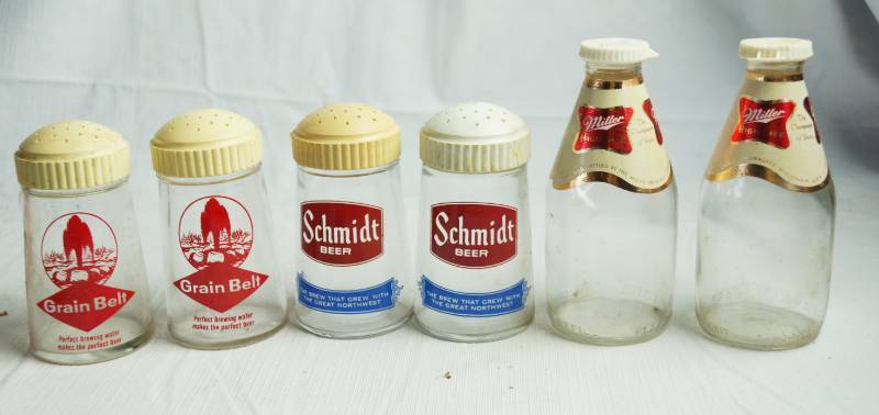 lot 1672 image: Lot of 3 Vintage Salt and Pepper Shakers - MILLER BEE, SCHMIDT BEER & GRAIN BELT - Neato