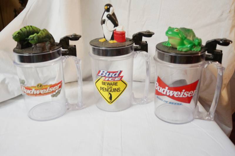 lot 1794 image: Lot of 3 Budweiser Promotional Mugs - Push Button and they talk Very Cute