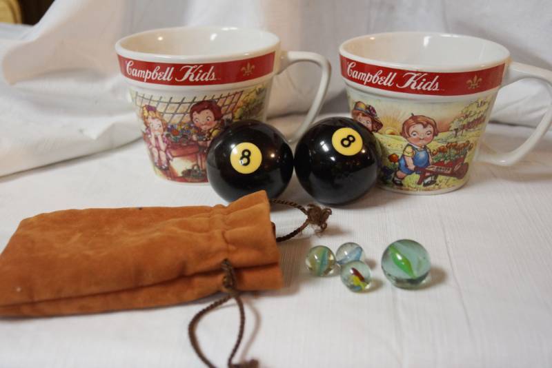 lot 1798 image: Lot of Misc. Items - Campbells Kids Cups, Bag of Marbles and 2 Pool Balls