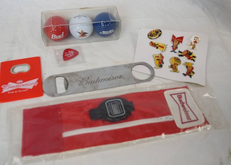 lot 1836 image: Lot of Misc. Budweiser Promo Items - Golf Balls,Pins and More