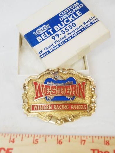 lot 1845 image: Custom Designed Vintage 1970s Western Racing Wheels Belt Buckle wbox- Rare Find