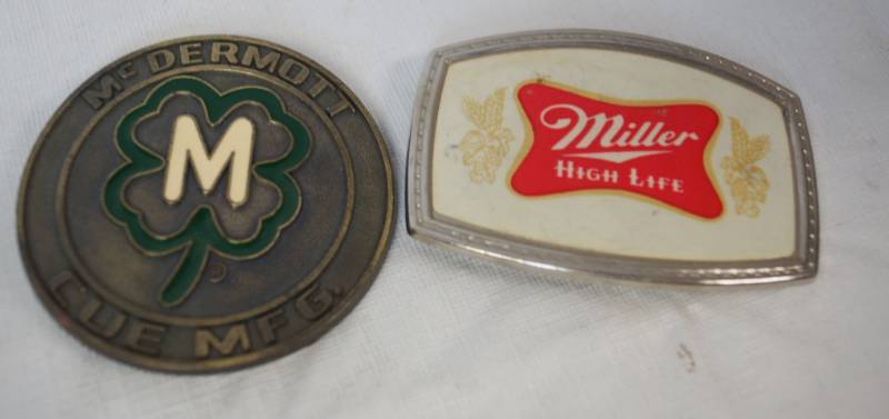 Lot of 2 Vintage Belt Buckles Miller High Life Beer and McDermott Cue Mfg. Collector s Closeout High End Expensive Rare Items Found Here Everything Goes 1 Equip Bid