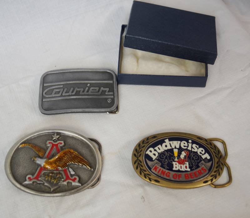 lot 1851 image: Lot of 3 Vintage Belt Buckles - Budewiser, Anheuser-Busch and Courier - Nice