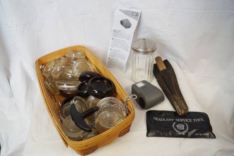lot 1855 image: Lot of Misc. Items - Grill Light, Headlamp Tool, Sugar Dispenser and Vintage Furniture Glass Coasters