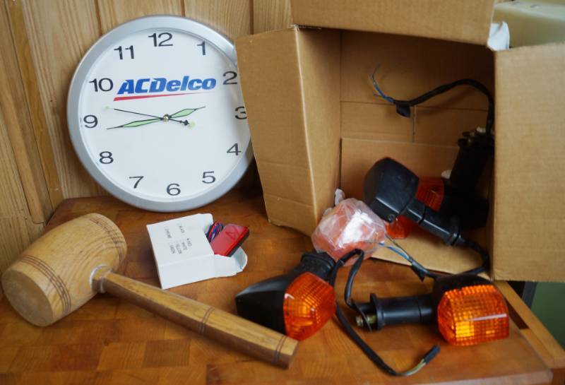 lot 1858 image: Lot of Misc. Items - NICE WOOD MALLET, Wall Clock, Brake Lights and More