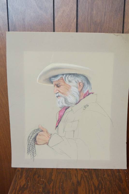 lot 1917 image: Very Unique Sketch of Older Cowboy - Artist Signed and Dated - jaw 1988