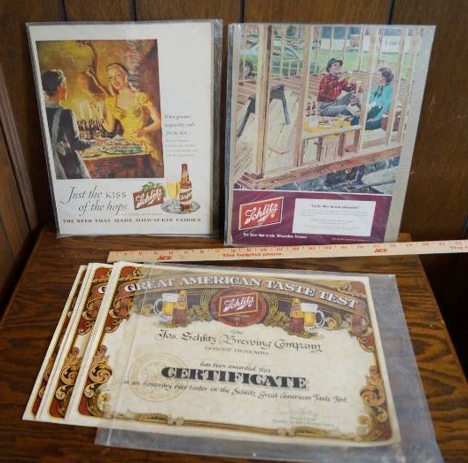 lot 1927 image: Vintage Schlitz Magazine Advertisements and Customer Drinking Certificate Awards - Rare Find