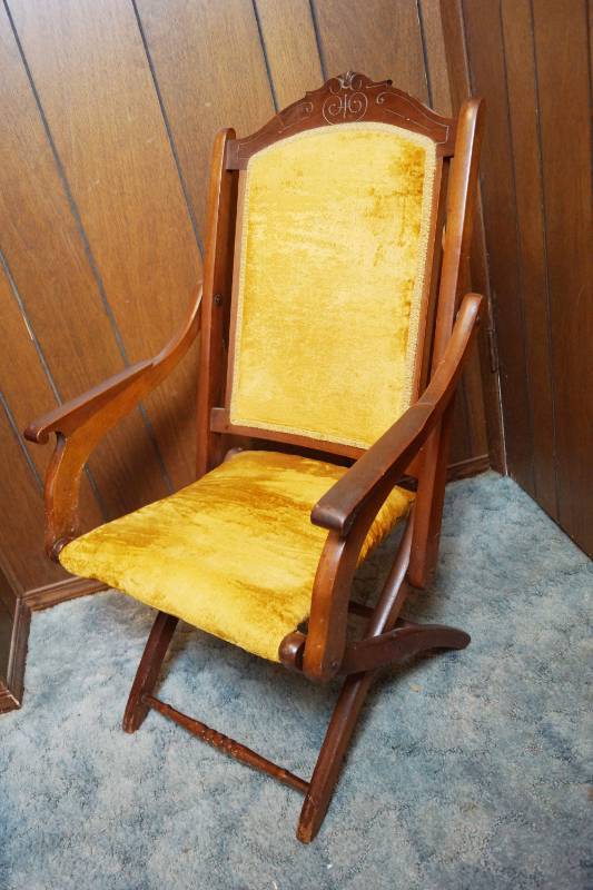 lot 1935 image: Vintage Wooden Folding Chair - Covered in Yellow Velvet - Awesome condition for its age Unique Find